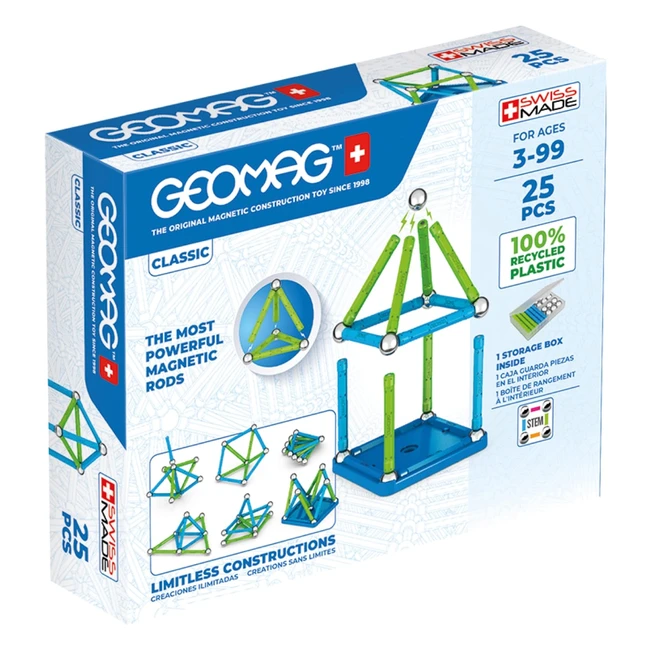 Geomag Classic 25 pezzi costruzione magnetica per bambini - Green Collection - Giocattoli educativi in plastica riciclata al 100%