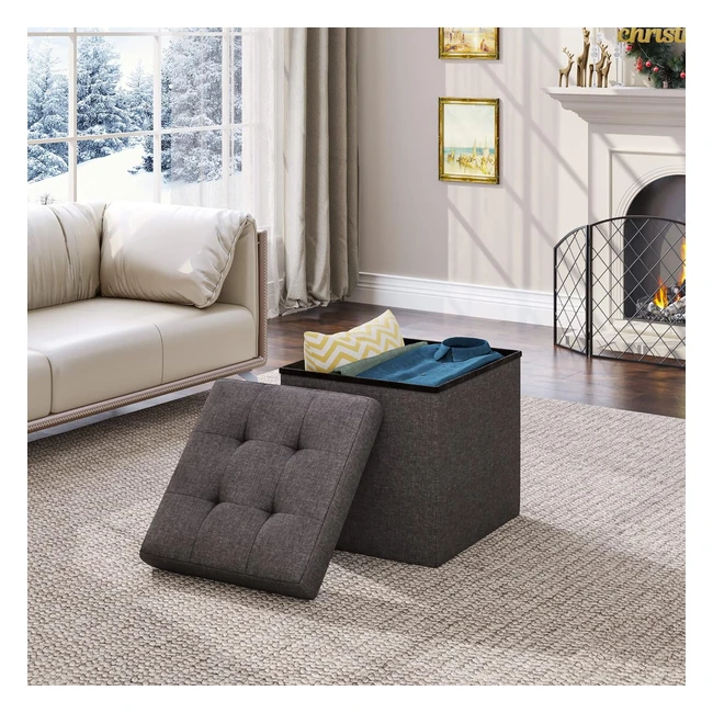 Yitahome Storage Ottoman Tufted Linen Padded Foldable Bench 300kg Capacity Dark 