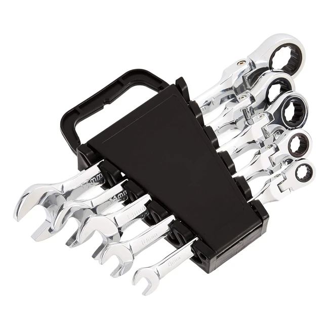 Amazon Basics 5-Piece Flexible Ratcheting Wrench Set - Metric - Chrome Vanadium Steel - 180° Flex Head