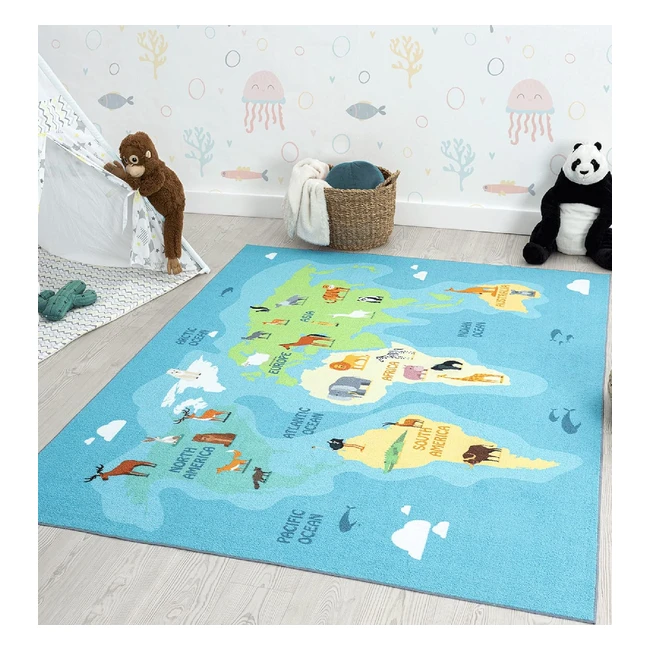 Kinderzimmer Teppich Weltkarte Tiere Blau 120x160 cm - Happy Life