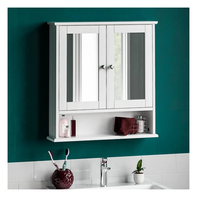 Bath Vida Double Door Bathroom Cabinet Wood White Mirrored Wall Mounted Storage 