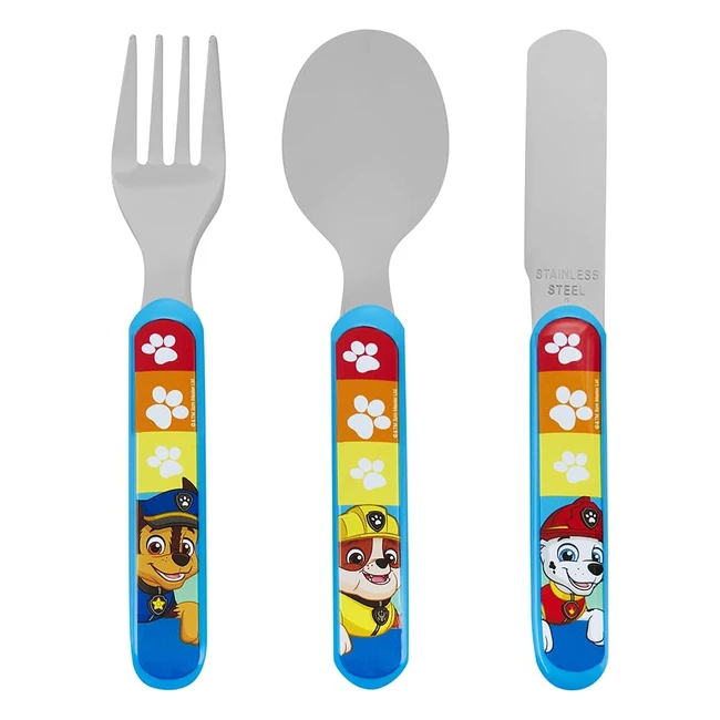 Paw Patrol 3 Piece Cutlery Set - Reusable Kids Knife Fork Spoon - Food Safe Stainless Steel - ABS Plastic - Chase Marshall Skye Rubble