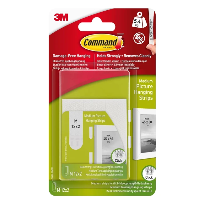 Command Medium Picture Hanging Strips 12 Sets - Holds 54kg - Damage-Free Decorating