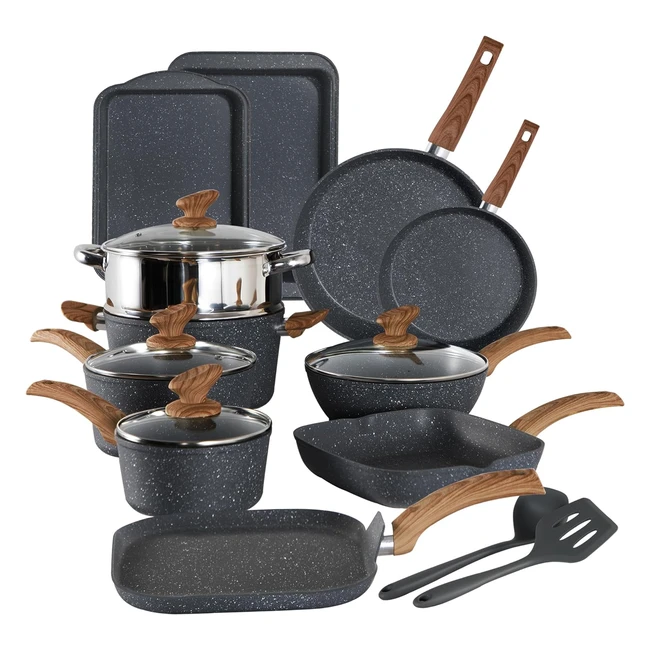 Kitchen Academy Induction Cookware Set 17 Piece Nonstick Black Granite Pots and 