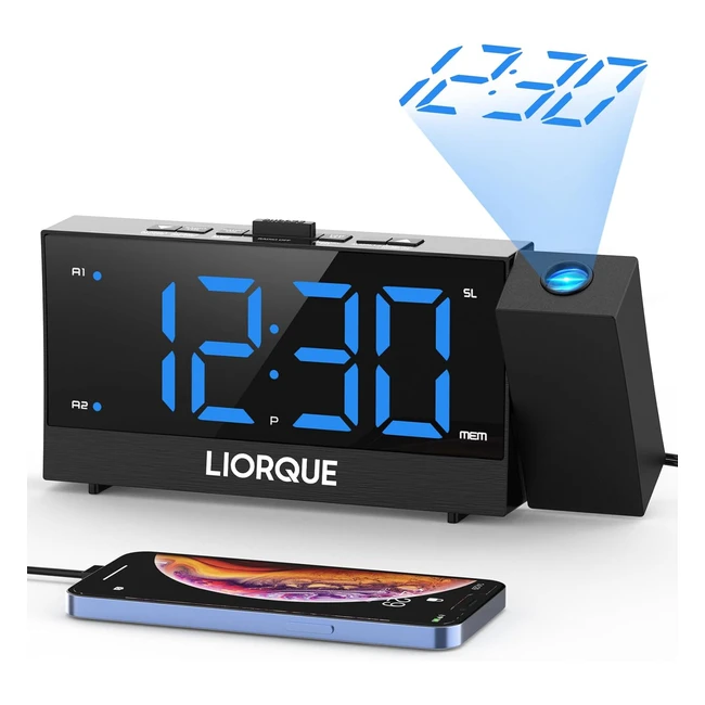 Liorque Projection Alarm Clock Bedside Digital LED Projection Clock FM Radio USB