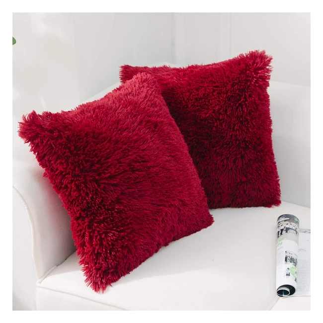Nordeco Home Pack of 2 Faux Fur Cushion Covers 50 x 50 cm - Luxury Fluffy Decorative Pillow Case - Burgundy Red