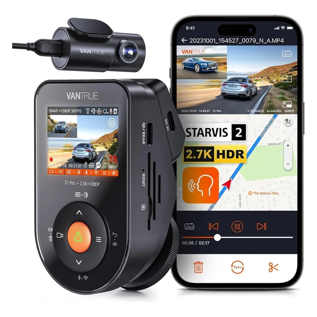 Vantrue S1 Pro 27K Dual Versteckte Dashcam mit Wifi Starvis 2 HDR Nachtsicht 1440p 60fps Auto Vorne Hinten Sprachsteuerung GPS 24H Parkmodus