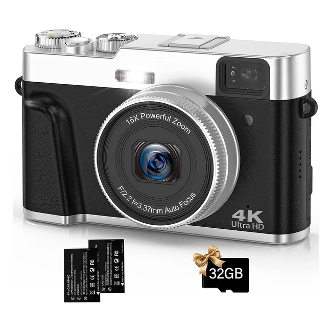 4K 48MP Autofocus Vlogging Camera with 32G Memory Card - Compact Digital Camera for Teenagers, Beginners, Adults