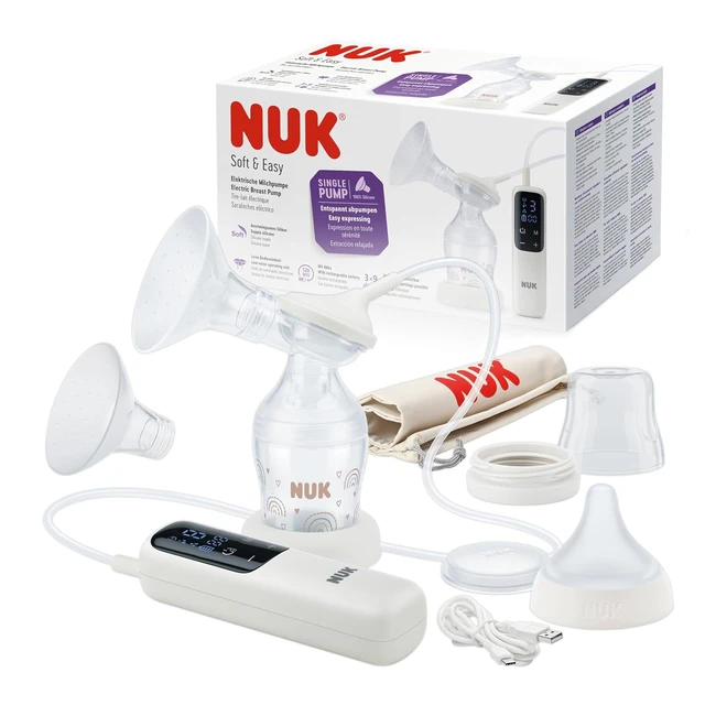 NUK Soft & Easy Elektrische Milchpumpe - 100% Silikon - Klein, Leicht und Leise - Akku - Brustaufsätze 24 mm & 27 mm - 1x Perfect Match Babyflasche