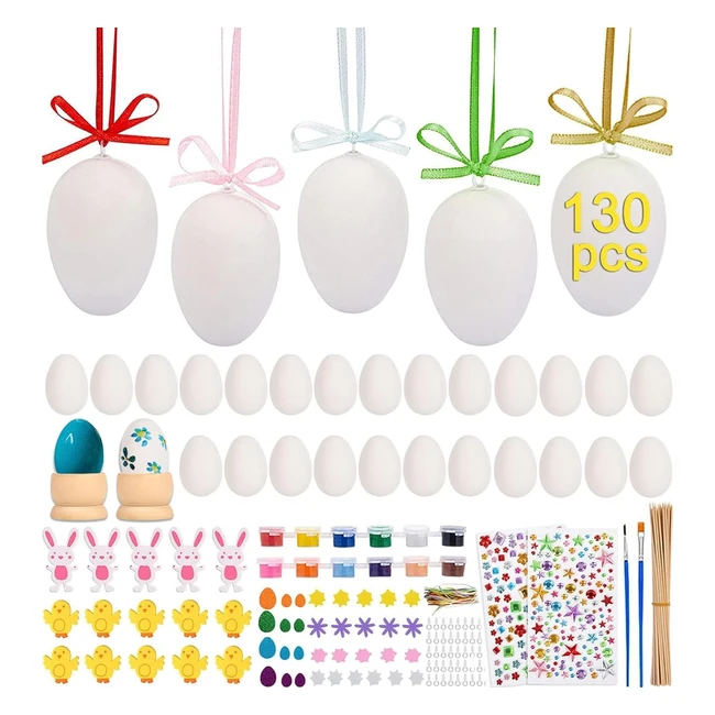 IdealHouse 130pcs Easter Eggs Decoration Foam Stickers Set 50pcs White Hanging Eggs Ornament Paints Glitter Bunnies Crafts