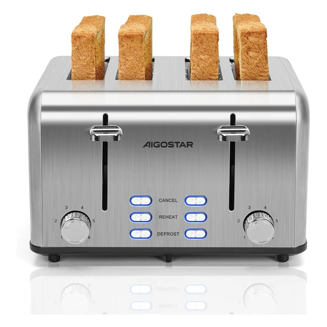 Aigostar Toaster 4 Slice Stainless Steel Toaster with Independent Slots High Lifting Defrost Reheat Functions