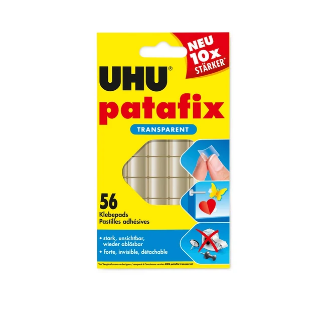 UHU Patafix transparente durchsichtige doppelseitige Klebepads, Packung mit 56, einfache und schnelle Befestigung