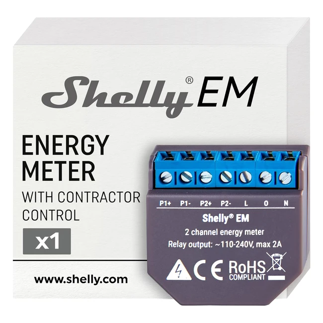 Contatore di energia wireless Shelly EM con misurazione potenza, 2 canali indipendenti, monitoraggio 365 giorni
