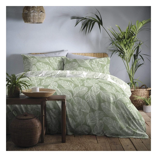Fusion Matteo Green Leaf King Size Duvet Cover Sets - 1 King Duvet Cover + 2 Pillowcases - Reversible Design - Polycotton - White/Green - Reference: 230 x 220cm
