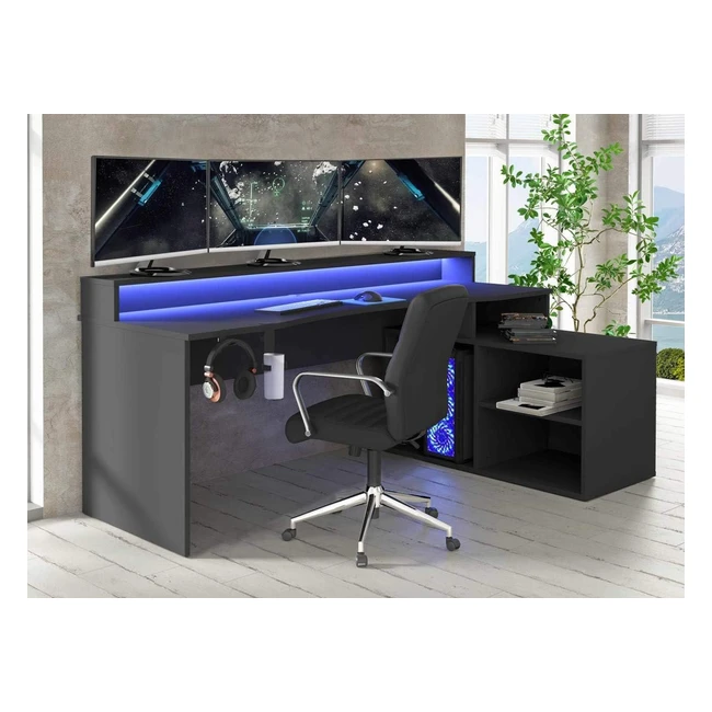 Forte Tezaur Computertisch Gaming Desk LED-Beleuchtung Regalteil Holzwerkstoff S