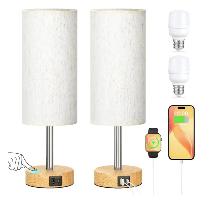 Bedside Lamps Set of 2 3-Way Dimmable Touch Lamps with USB Ports - Flaxen Fabric