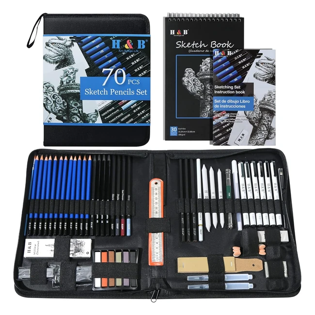 Professional Sketching Pencil Set - HB 70 Pack with Sketchbook - Art Supplies fo