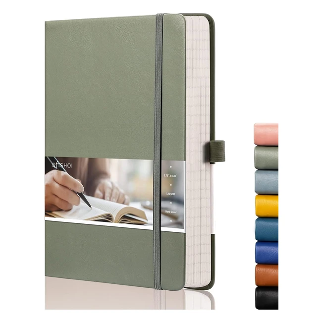 Emshoi A5 Notebook 214 x 145 cm Lined Journal 256 Numbered Pages 120gsm Thick Paper Sticky Notes Hardback Vegan Leather Green
