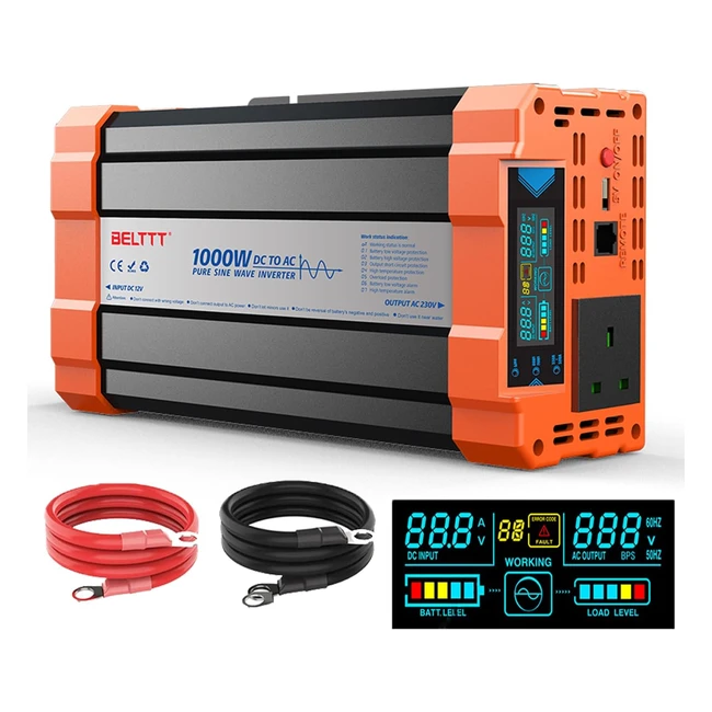 1000W Pure Sine Wave Inverter 12V to 240V AC UK - Dual Car Adapter with LED Display