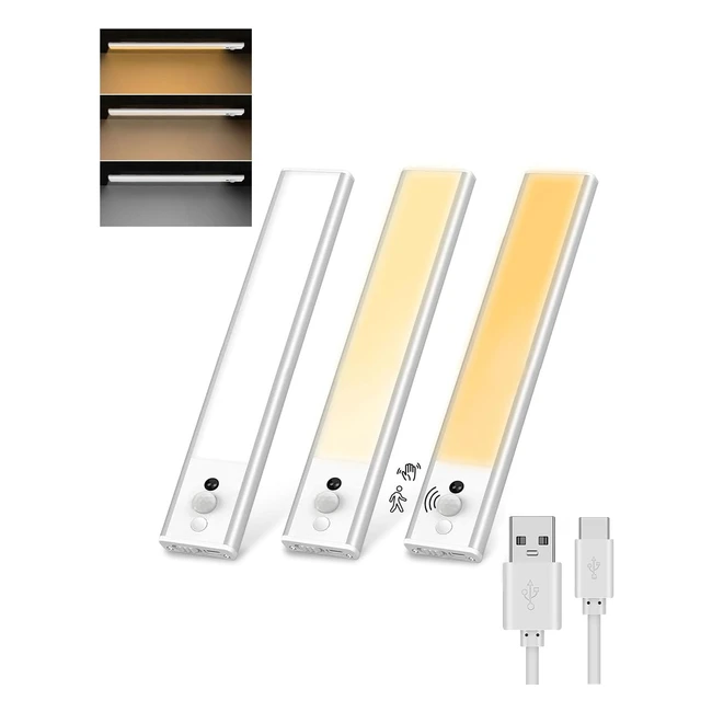 2023 Newest Under Cabinet Lights 72 LED Handwave 3 Color Temperature Stepless Dimming USB Motion Sensor Cupboard Light 3 Pack