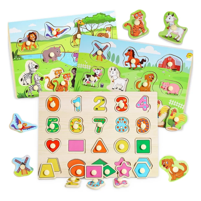 Puzzle Enfant 3 Pièces Bois Montessori - Lenbest - Réf.1234 - Animaux Formes Chiffres