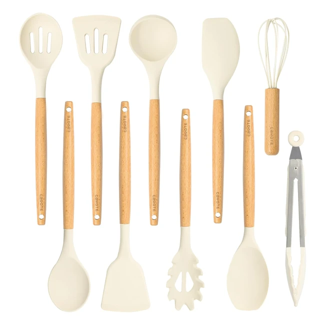 Carote 10-Piece Silicone Cooking Utensils Set 446F Heat Resistance Spatula Wooden Handle