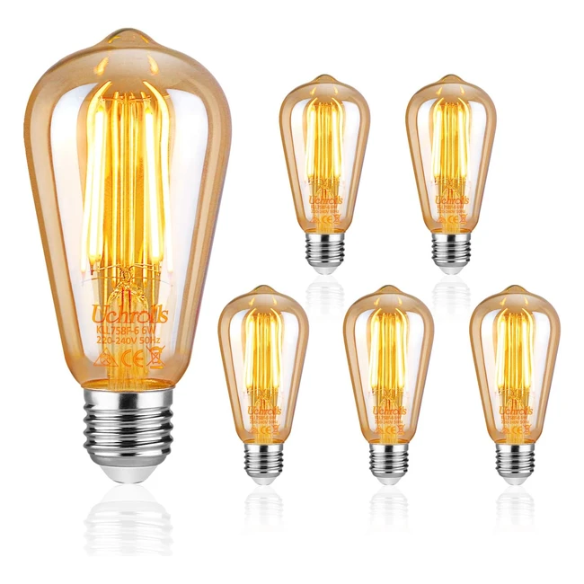 Uchrolls Edison Vintage Light Bulb 5er Pack E27 6W LED Antike Glühbirne Warmweiß 2500K 700lm