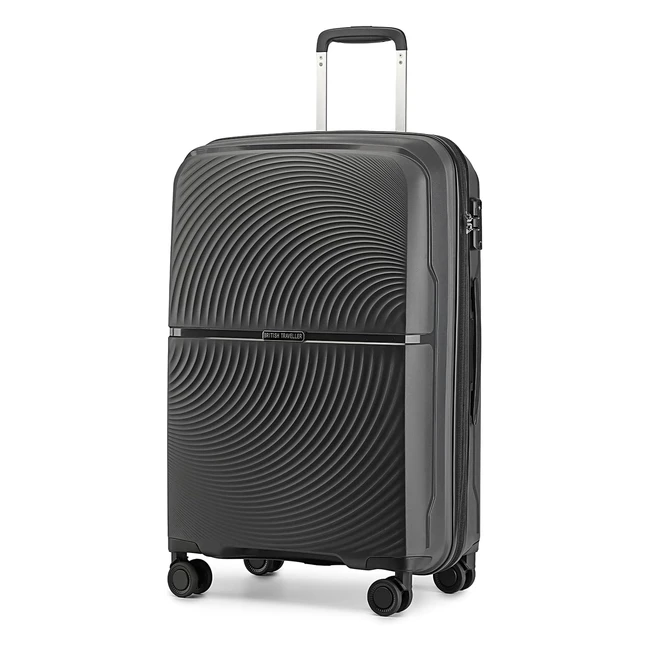 British Traveller 24 Medium Suitcase Lightweight Polypropylene Hard Shell Luggage Hold Check In Suitcase with 4 Wheels and Builtin TSA Lock - Black 67cm