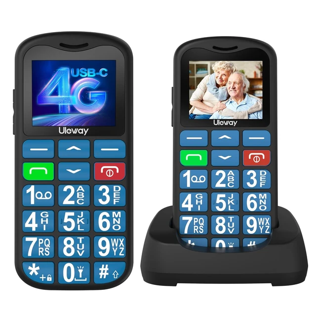 Telfono Mvil 4G para Personas Mayores - Teclas Grandes - SOS - Linterna - USB-C - Despertador - Marcacin Rpida - Base de Carga - 1000mAh - Azul