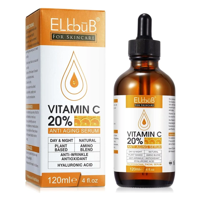elbbub Premium 20% Vitamin C Serum for Face with Hyaluronic Acid Retinol Amino Acids | Boost Skin Collagen | Brighten Hydrate Plump Skin | Anti Aging Wrinkle Facial Serum 120ml