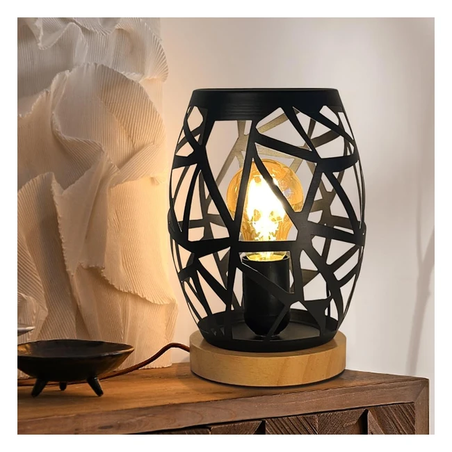 hhmtaka Black Bedside Lamp Dimmable Metal Table Lamp with Wooden Base Decorative