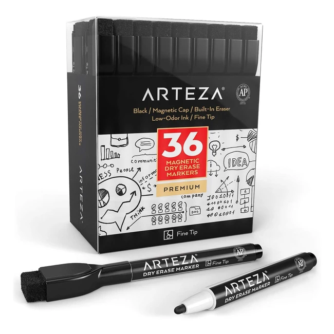Arteza Magnetic Dry Erase Markers Pack of 36 - Fine Tip Black Color - Low Odor Ink