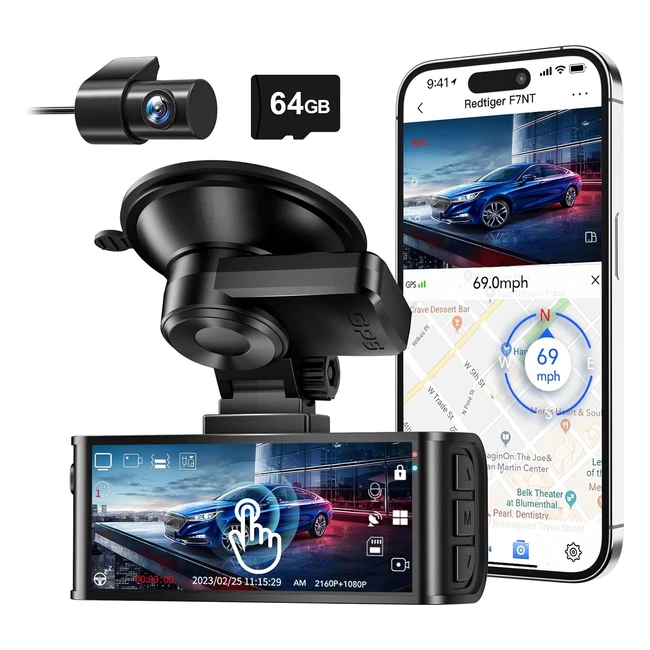 RedTiger 4K Dash Cam Auto Touch Screen 318 Pollici 64GB Gratis GPS WiFi Visione 