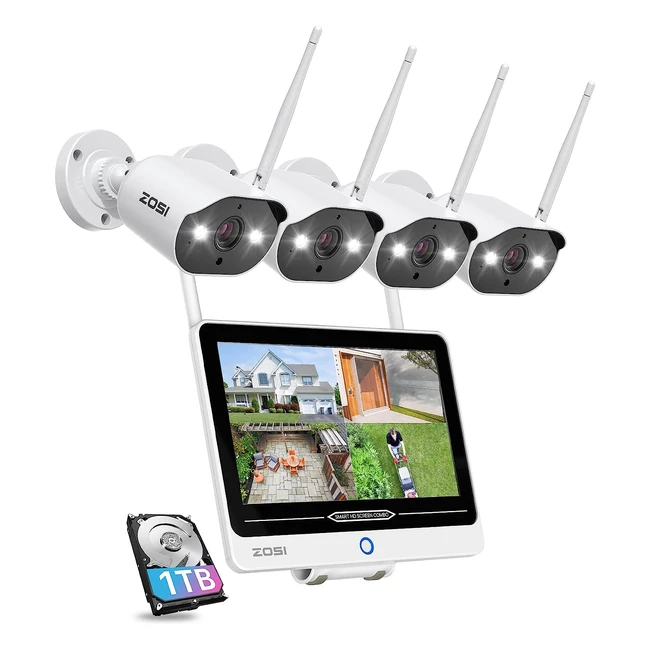 Kit Videosorveglianza Zosi 3MP Esterno 4x Telecamera WiFi 8CH 1TB NVR Monitor Rilevamento Persone Visione Notturna Audio 2 Vie Allarmi Intelligenti