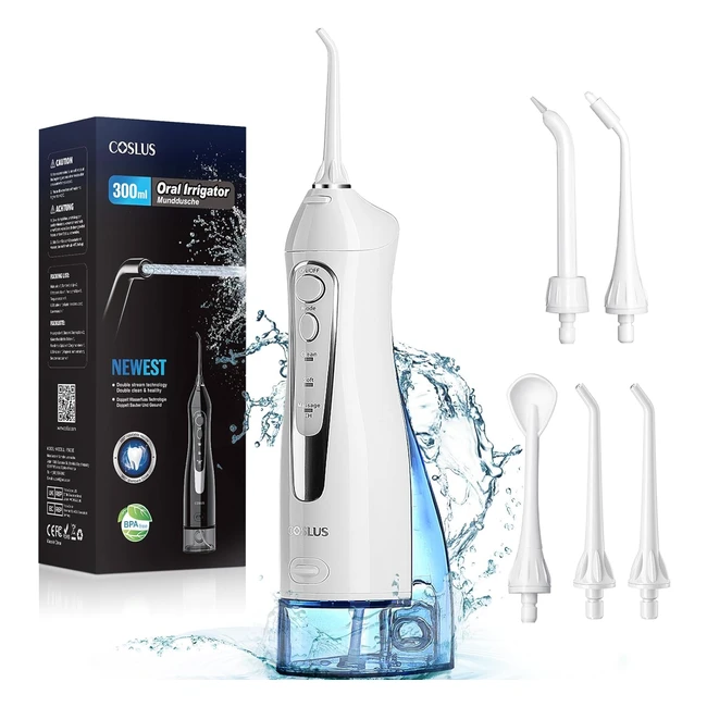 Coslus Portable Cordless Water Dental Flosser 300ml - Rechargeable & Waterproof - Ideal for Travel