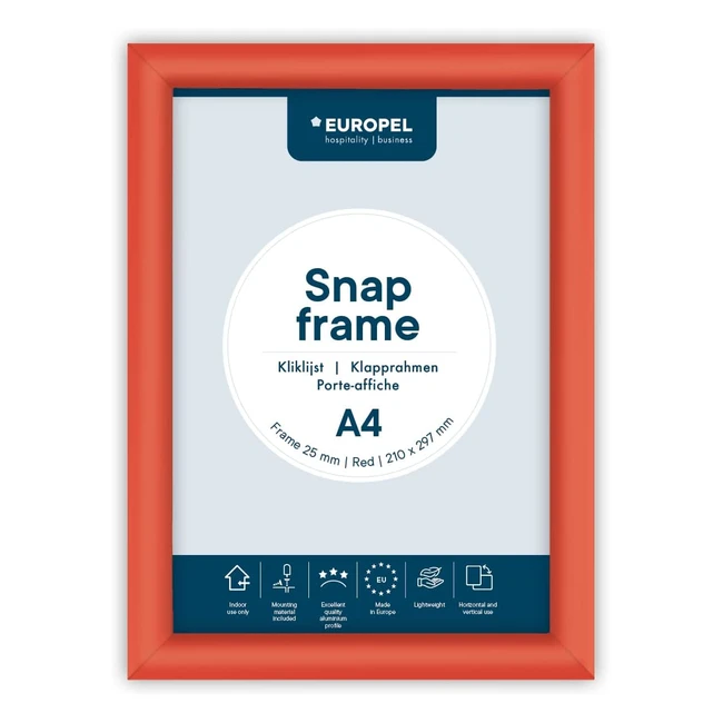 Europel A4 Aluminium Profil Klapprahmen mit 25 mm Profil und Gehrungsecken Snap Frame für Poster Zertifikate Fotos und Werbematerialien rot 355026