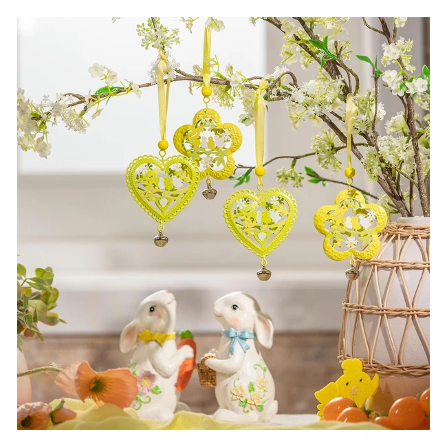 Valery Madelyn 4pcs Easter Decorations Spring Decor Metal Hanging Tree Ornaments Yellow Green Heart Flower with Birds and Little Bell Pendants for Easter Home Decor Gift with Wood Box