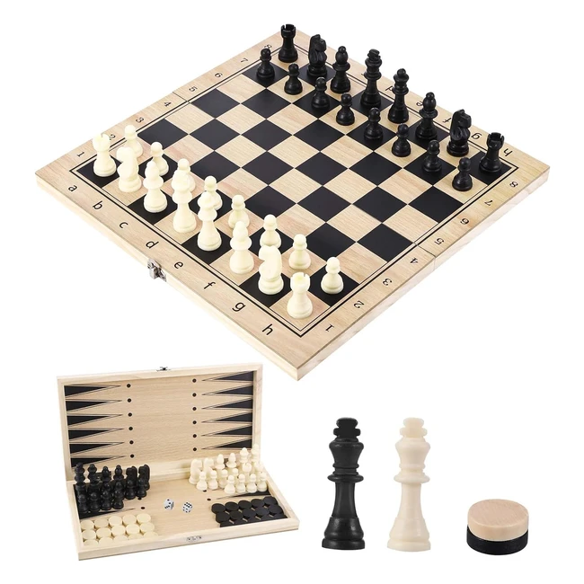 Jeu d'échecs en bois 3 en 1 - Chess Dames Backgammon - Portable et pliable - 29x29 cm