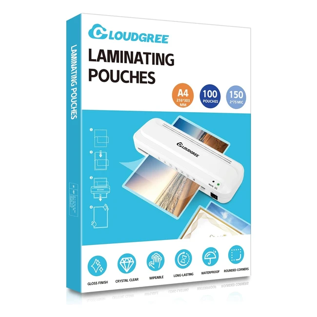 Cloudgree A4 Laminating Pouches 100 Sheets 150 Micron - High Gloss Finish - Durable Crystal Clear - Full Protection - Waterproof