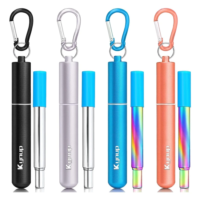 Kynup Metal Reusable Drinking Straw 4 Pack - Portable Collapsible Straws with Case 1810 Stainless Steel - Adjustable Length Up to 23cm 6mm Diameter
