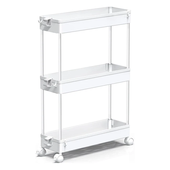 Spacekeeper Storage Trolley 3-Tier Slim Cart - Mobile Shelving Unit for Kitchen Bathroom Office - Plastic White