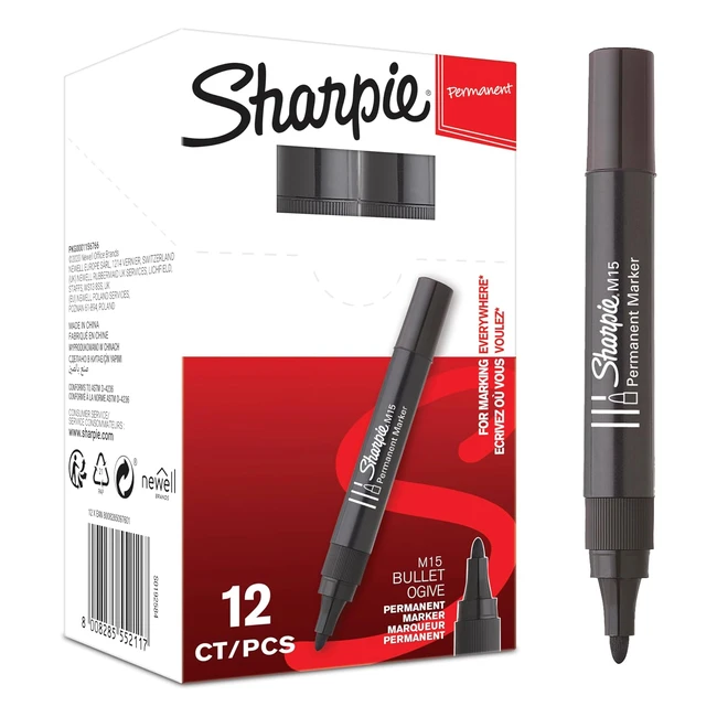 Sharpie M15 Permanent Markers Black 12 Count - Intense Pitch Black Ink, Durable Bullet Tip