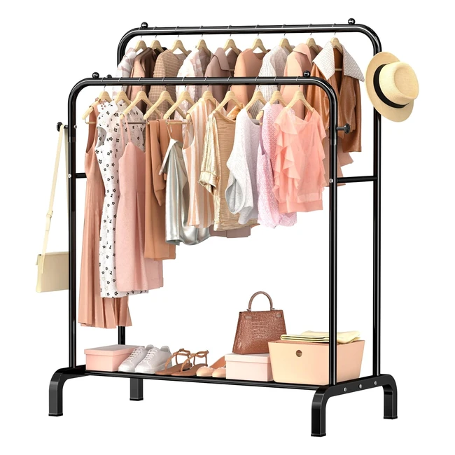 Frurark Clothes Rail Metal Double Pole Garment Rack with Shelves - Home Bedroom 