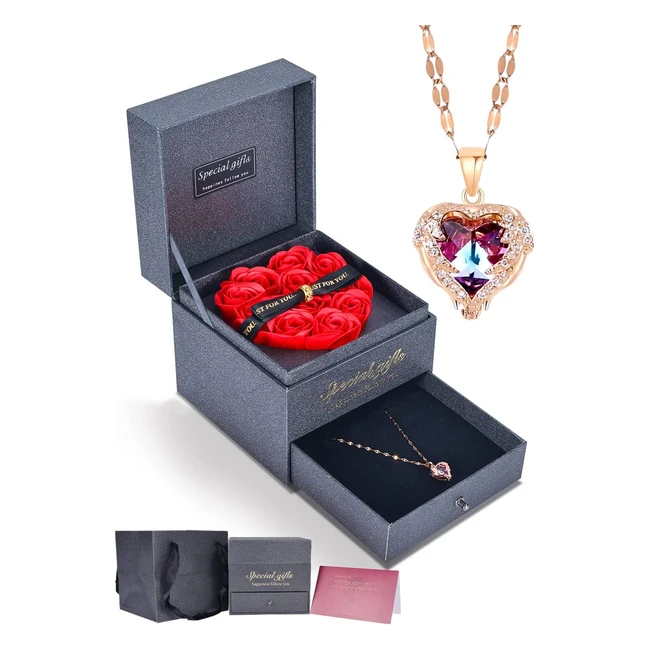 Immorrosa Eternal Heart Rose Box with Necklace - Preserved Rose with Pink Gemsto