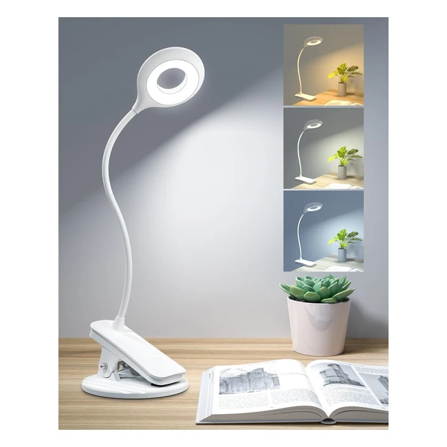 LED Clip On Reading Light Eyecaring 3 Color Modes Stepless Dimming Desk Lamp 360