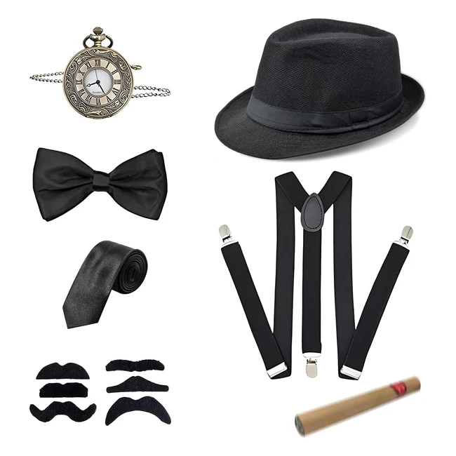 Costume homme année 1920 Great Gatsby gangster - 7pcs avec chapeau, montre de poche, bretelles, noeud papillon