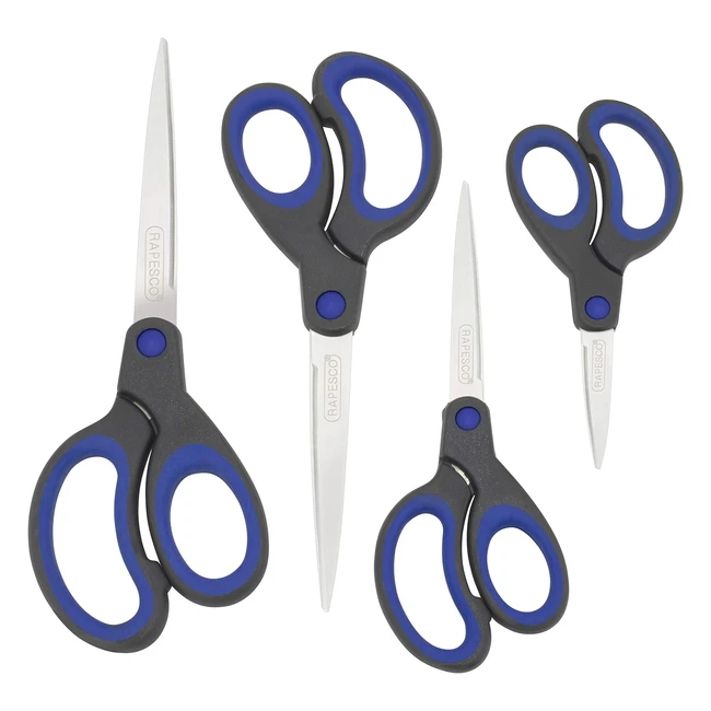 Rapesco 1578 Soft Grip Handle Scissors BlackBlue Set of 4 - UltraSharp Stainless Steel Blades