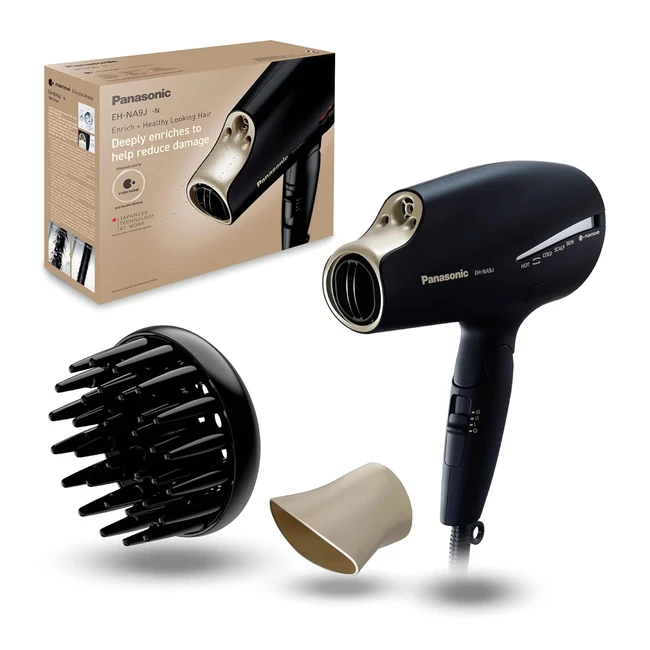 Panasonic EHNA9J Haartrockner mit Nanoe-Technologie, 4 Modi für Haar, Gesicht und Kopfhaut, 2 Temperaturstufen, 2 Aufsätze, Schwarz, Champagner Gold