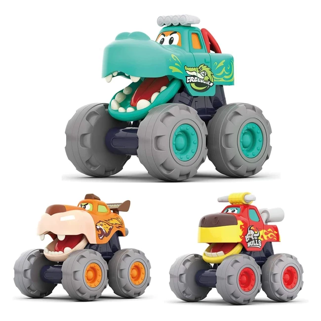 Hola 3 Pezzi Macchinine Monster Truck per Bambini 1-3 Anni - Toro, Leopardo, Coccodrillo
