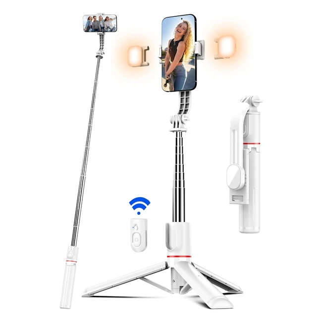 Perche Selfie 115 cm avec trépied amélioré, 2 lumières de remplissage, compatible iPhone Samsung smartphones et GoPro